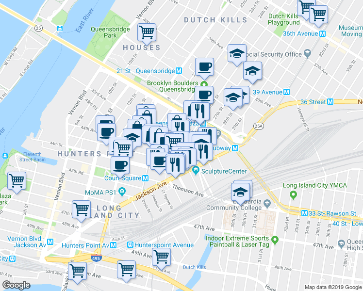 map of restaurants, bars, coffee shops, grocery stores, and more near 43-10 Crescent Street in Queens