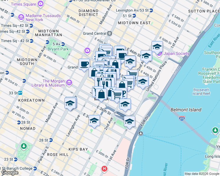 map of restaurants, bars, coffee shops, grocery stores, and more near 619 3rd Avenue in New York