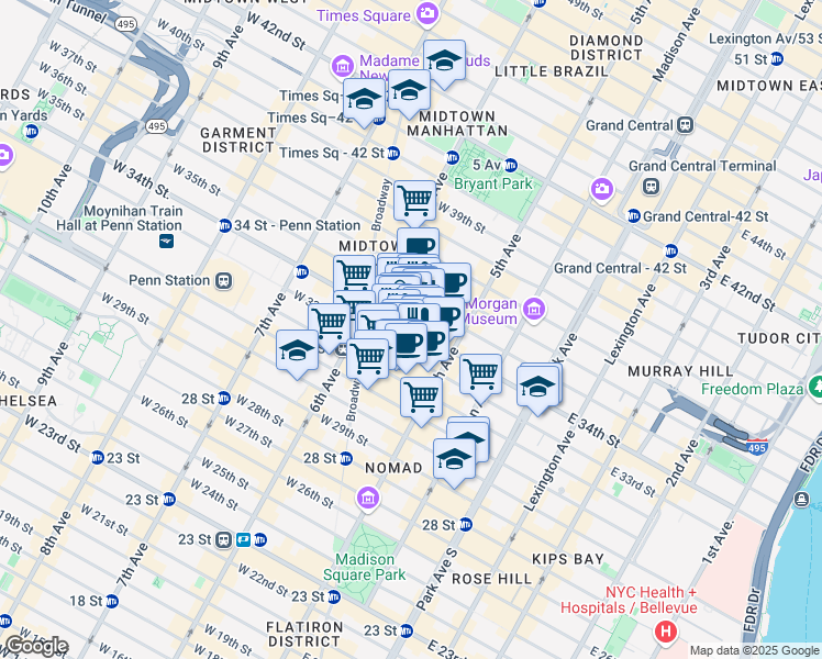 map of restaurants, bars, coffee shops, grocery stores, and more near 20 West 34th Street in New York
