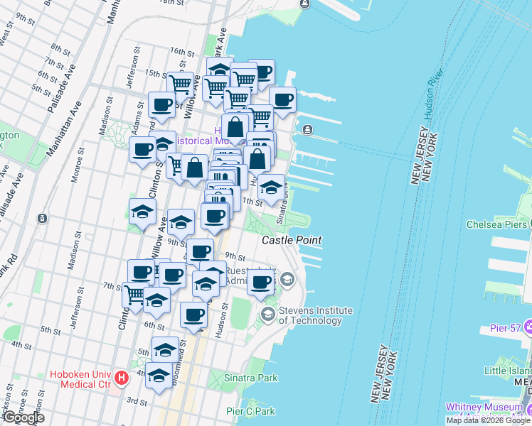 map of restaurants, bars, coffee shops, grocery stores, and more near 1055 Maxwell Lane in Hoboken