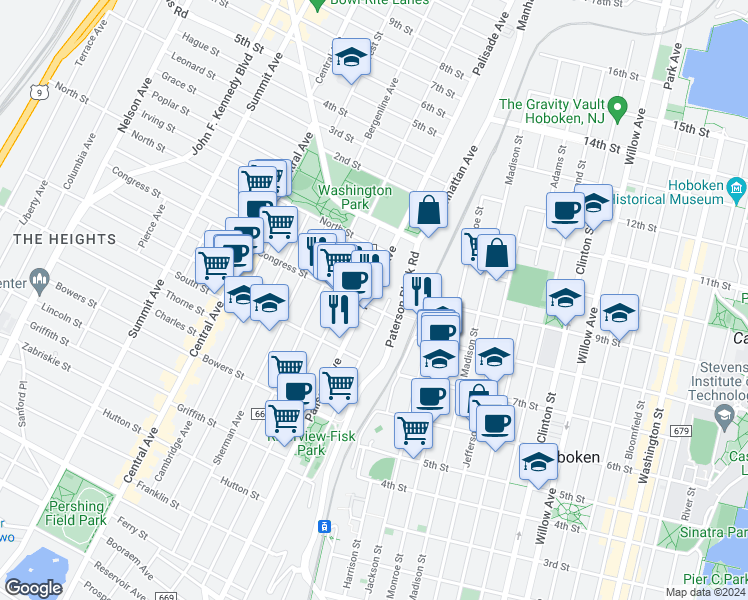 map of restaurants, bars, coffee shops, grocery stores, and more near 288 Paterson Plank Road in Jersey City