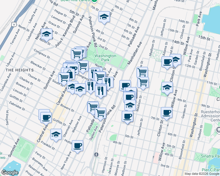 map of restaurants, bars, coffee shops, grocery stores, and more near 45 Congress Street in Jersey City