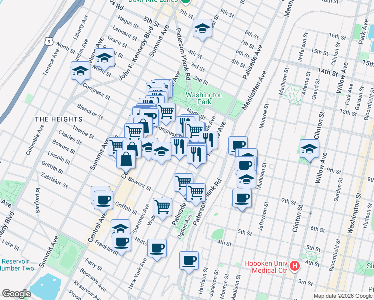map of restaurants, bars, coffee shops, grocery stores, and more near 310 Webster Avenue in Jersey City
