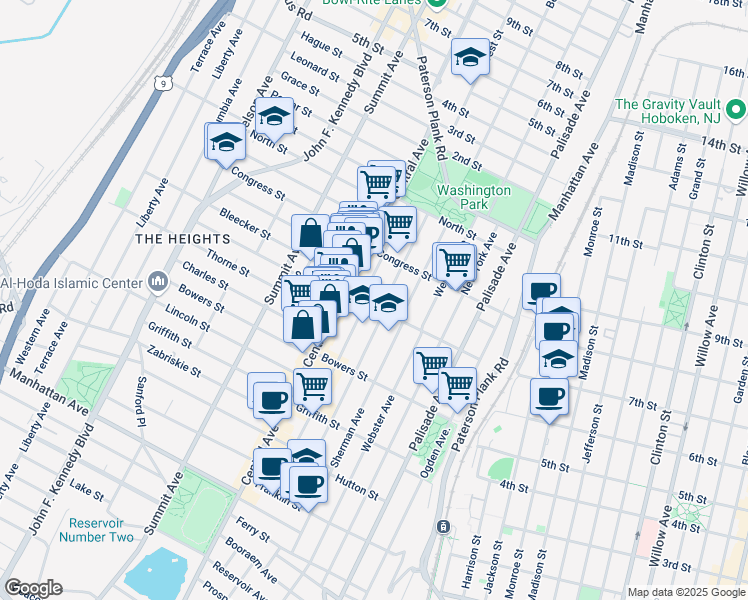 map of restaurants, bars, coffee shops, grocery stores, and more near 96 South Street in Jersey City