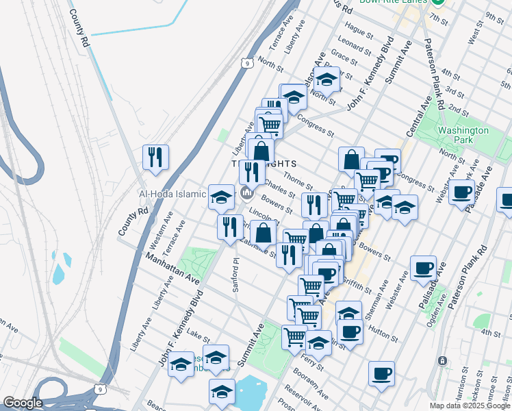 map of restaurants, bars, coffee shops, grocery stores, and more near 3418 John F. Kennedy Boulevard in Jersey City