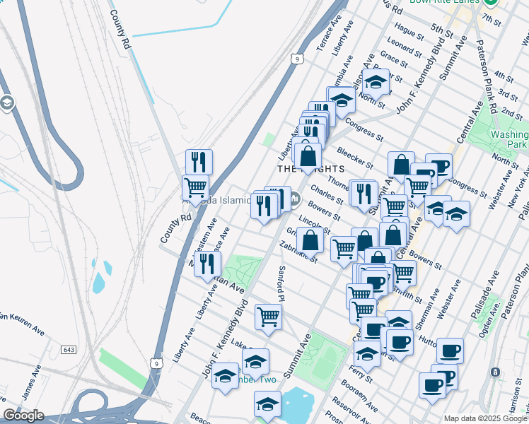 map of restaurants, bars, coffee shops, grocery stores, and more near 28 Columbia Avenue in Jersey City