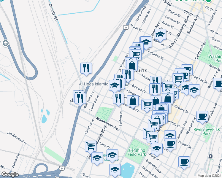 map of restaurants, bars, coffee shops, grocery stores, and more near 28 Columbia Avenue in Jersey City