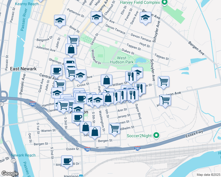 map of restaurants, bars, coffee shops, grocery stores, and more near 714 Hamilton Street in Harrison