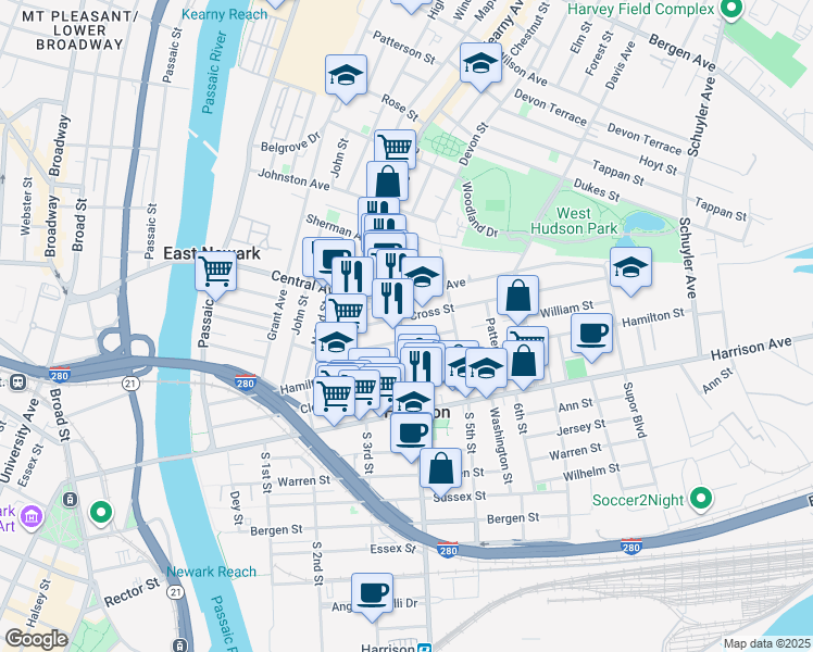 map of restaurants, bars, coffee shops, grocery stores, and more near 308 Frank E Rodgers Boulevard North in Harrison