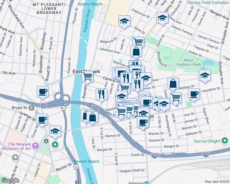 map of restaurants, bars, coffee shops, grocery stores, and more near 319 North 2nd Street in Harrison