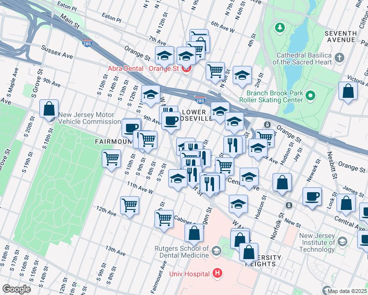 map of restaurants, bars, coffee shops, grocery stores, and more near 33 North 5th Street in Newark