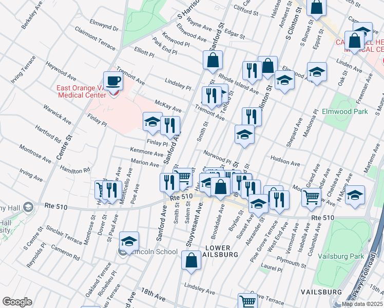 map of restaurants, bars, coffee shops, grocery stores, and more near 80 Telford Street in Newark