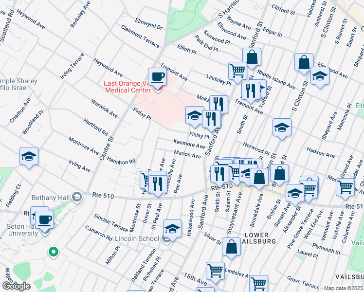 map of restaurants, bars, coffee shops, grocery stores, and more near 42 Kenmore Avenue in Newark