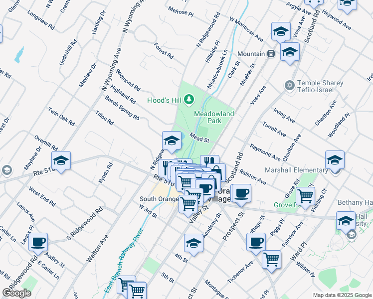 map of restaurants, bars, coffee shops, grocery stores, and more near in South Orange