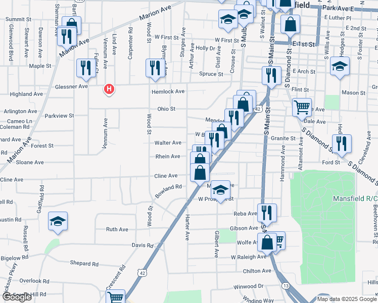 map of restaurants, bars, coffee shops, grocery stores, and more near 163 Grover Street in Mansfield