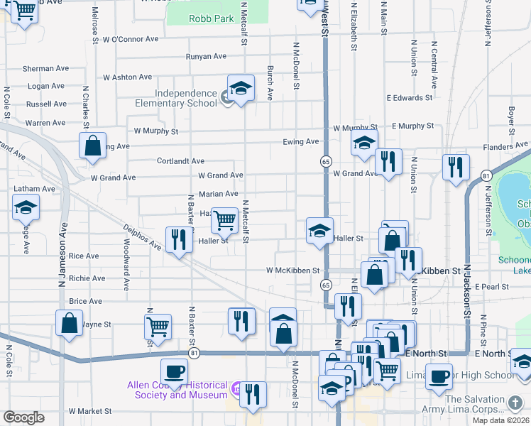 map of restaurants, bars, coffee shops, grocery stores, and more near 455 Hazel Avenue in Lima