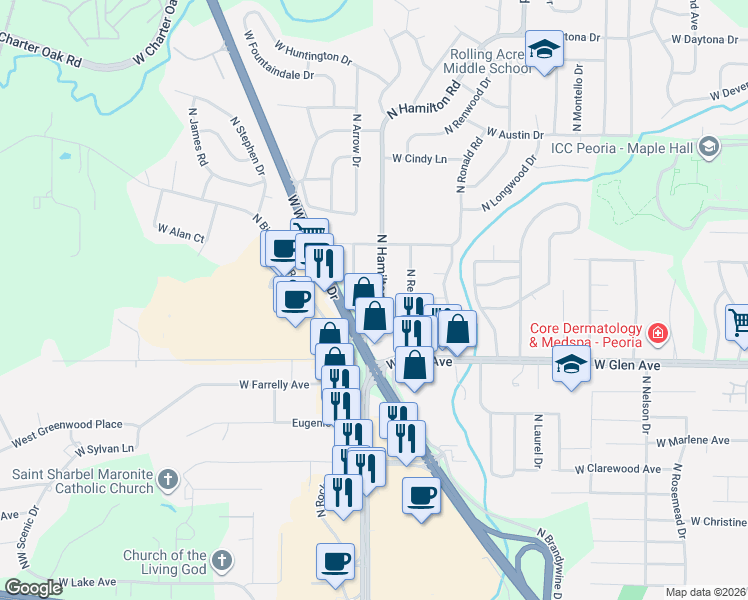 map of restaurants, bars, coffee shops, grocery stores, and more near 5003 North Hamilton Road in Peoria