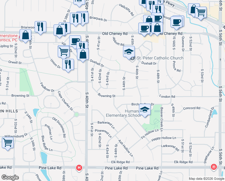 map of restaurants, bars, coffee shops, grocery stores, and more near 4307 Bingham Circle in Lincoln