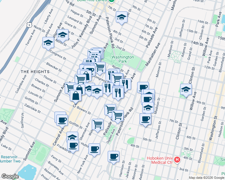 map of restaurants, bars, coffee shops, grocery stores, and more near 310 Webster Avenue in Jersey City