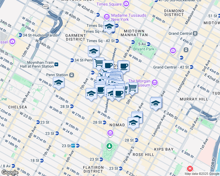 map of restaurants, bars, coffee shops, grocery stores, and more near 1282 Broadway in New York
