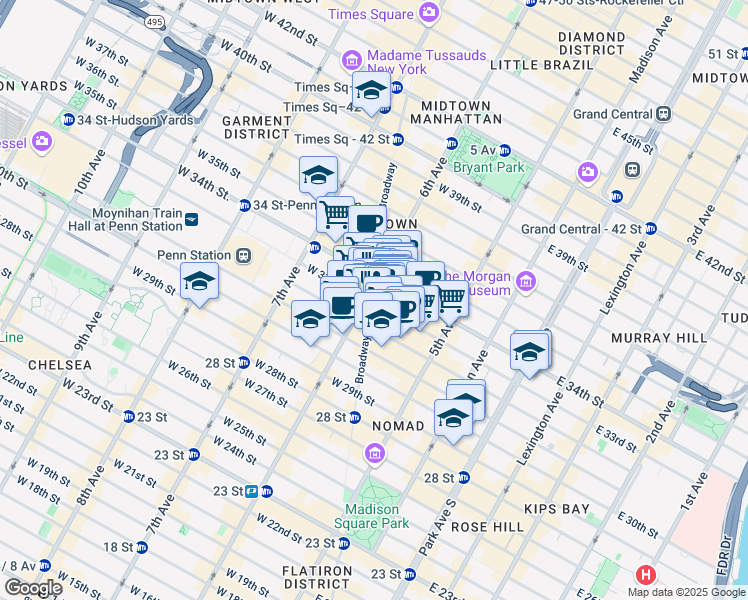 map of restaurants, bars, coffee shops, grocery stores, and more near 1282 Broadway in New York