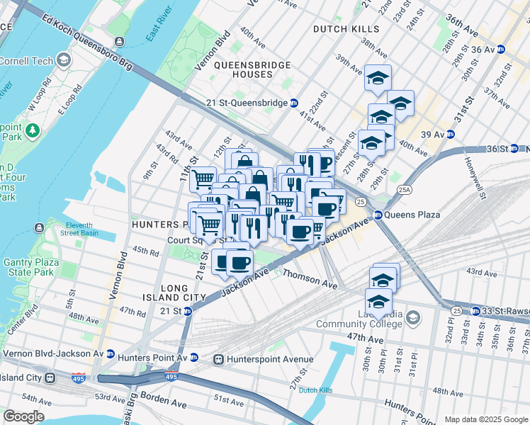 map of restaurants, bars, coffee shops, grocery stores, and more near 53 23rd Street in Queens