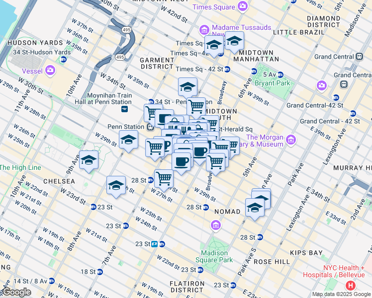 map of restaurants, bars, coffee shops, grocery stores, and more near 144 West 32nd Street in New York