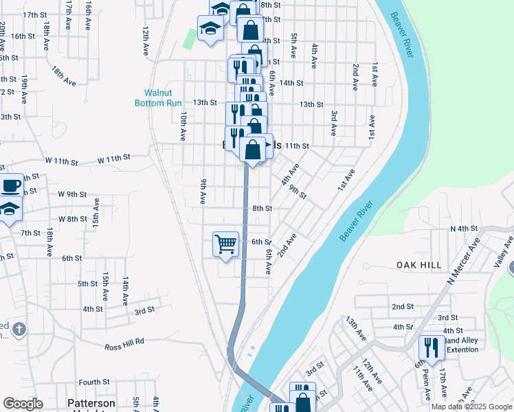 map of restaurants, bars, coffee shops, grocery stores, and more near 618 Tank Alley in Beaver Falls