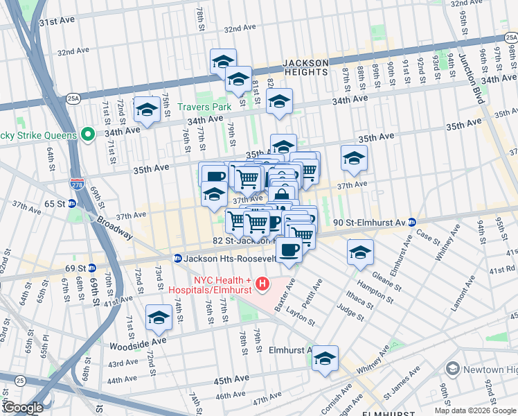 map of restaurants, bars, coffee shops, grocery stores, and more near 37-15 80th Street in Queens