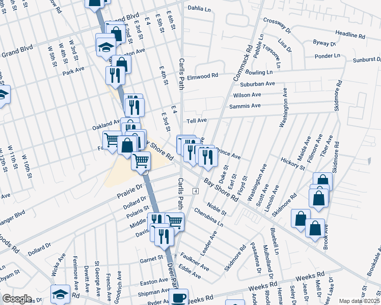 map of restaurants, bars, coffee shops, grocery stores, and more near 27 County Place in Deer Park