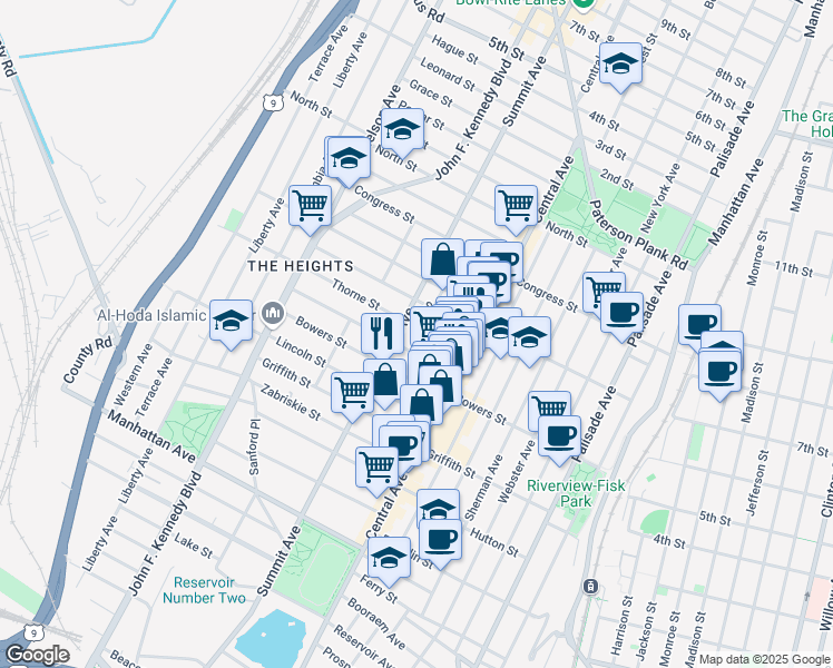 map of restaurants, bars, coffee shops, grocery stores, and more near 43 Thorne Street in Jersey City