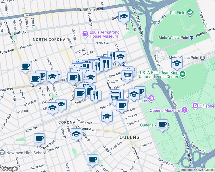 map of restaurants, bars, coffee shops, grocery stores, and more near 104-70 42nd Avenue in Queens