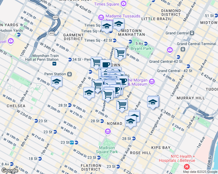 map of restaurants, bars, coffee shops, grocery stores, and more near 1282 Broadway in New York