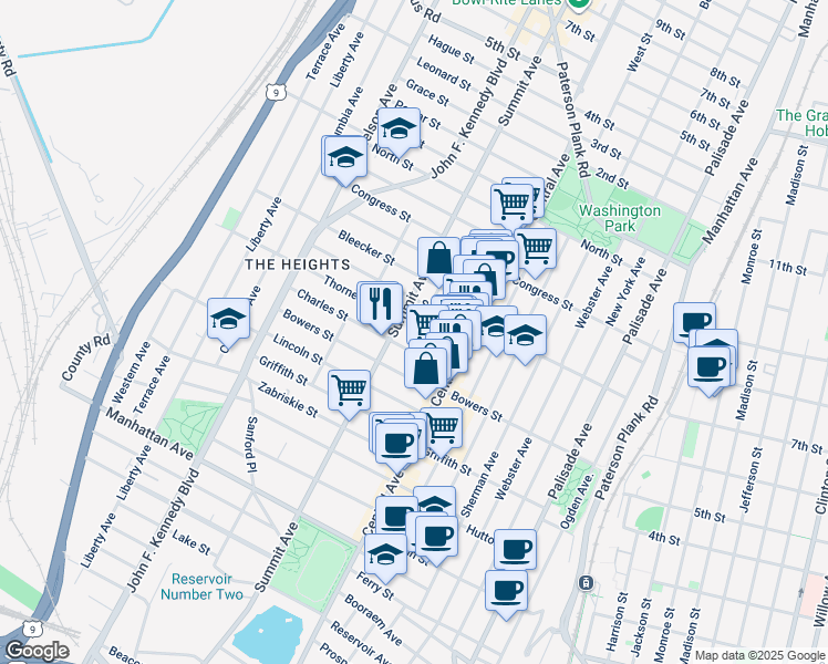 map of restaurants, bars, coffee shops, grocery stores, and more near 43 Thorne Street in Jersey City