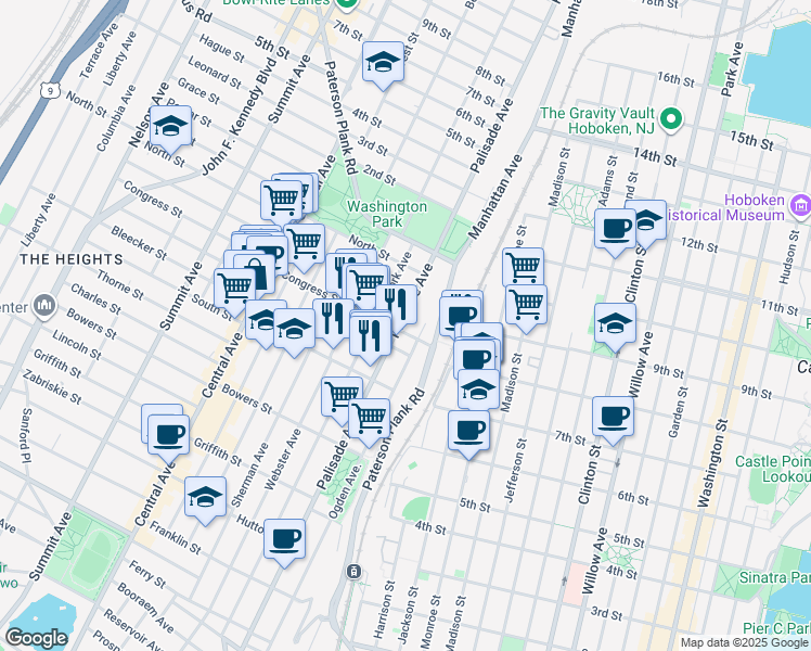 map of restaurants, bars, coffee shops, grocery stores, and more near 45 Congress Street in Jersey City