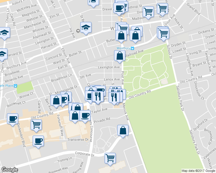 map of restaurants, bars, coffee shops, grocery stores, and more near 58 Bedford Avenue in Westbury