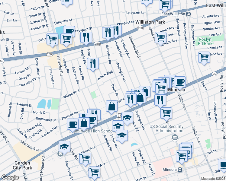 map of restaurants, bars, coffee shops, grocery stores, and more near 375 Bauer Place in Mineola