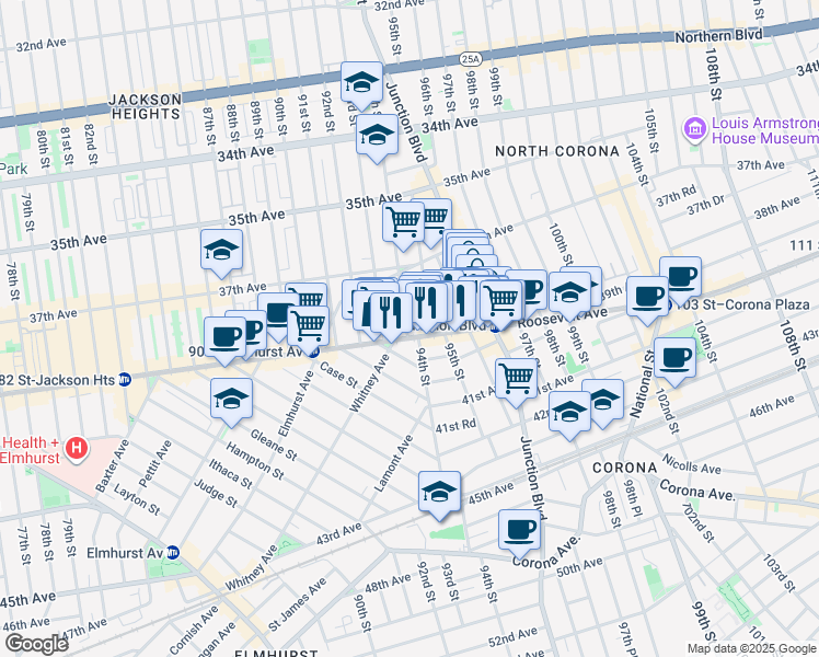 map of restaurants, bars, coffee shops, grocery stores, and more near 37-57B 94th Street in Queens