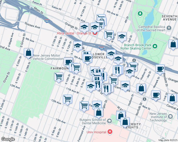 map of restaurants, bars, coffee shops, grocery stores, and more near 449 West Market Street in Newark