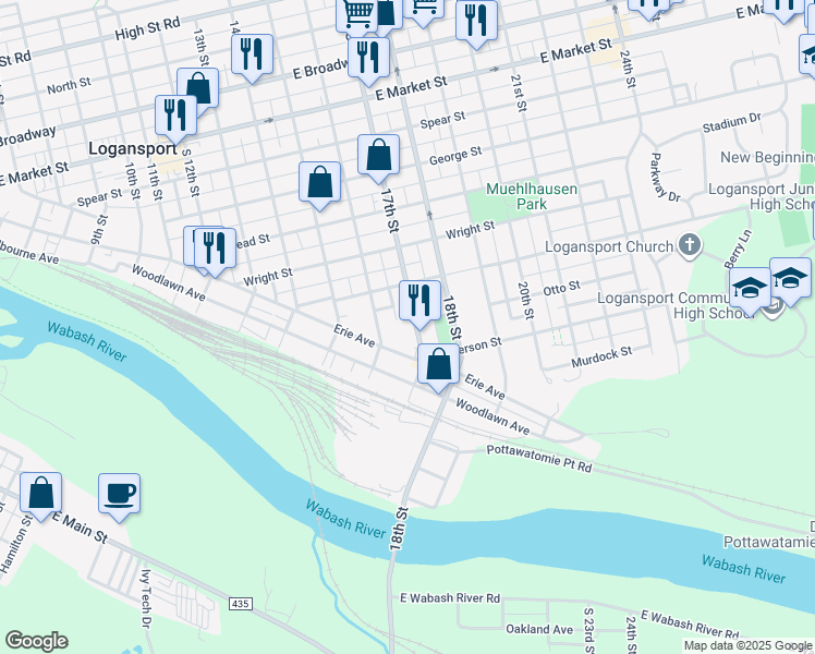 map of restaurants, bars, coffee shops, grocery stores, and more near 1007 17th Street in Logansport