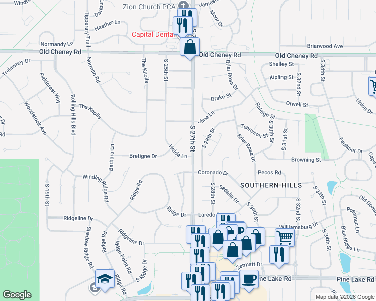 map of restaurants, bars, coffee shops, grocery stores, and more near 2630 Heide Lane in Lincoln