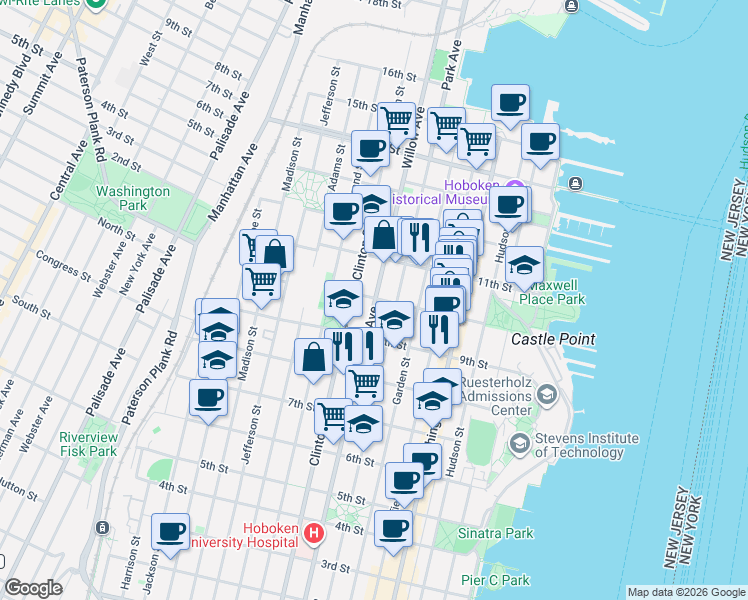 map of restaurants, bars, coffee shops, grocery stores, and more near Willow Avenue in Hudson County