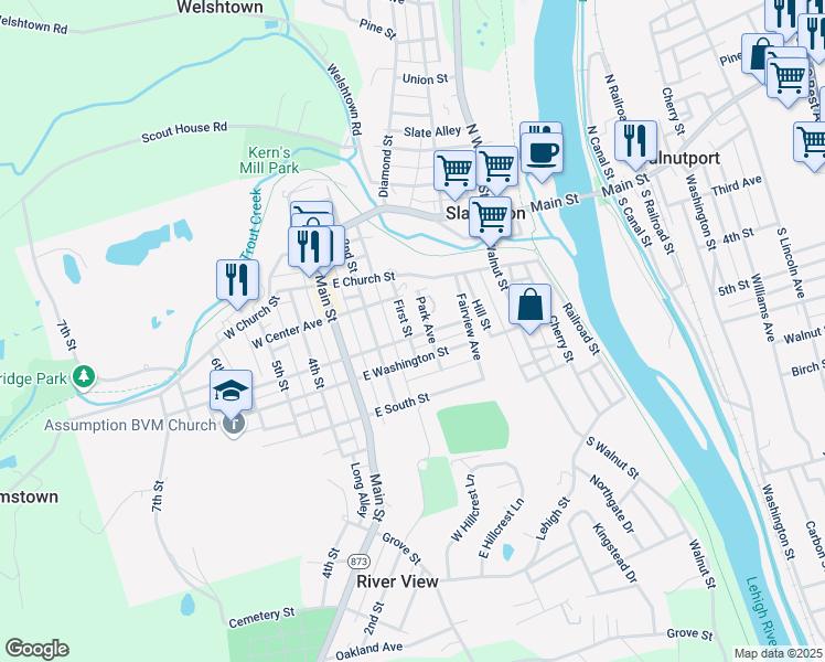map of restaurants, bars, coffee shops, grocery stores, and more near 349 First Street in Slatington