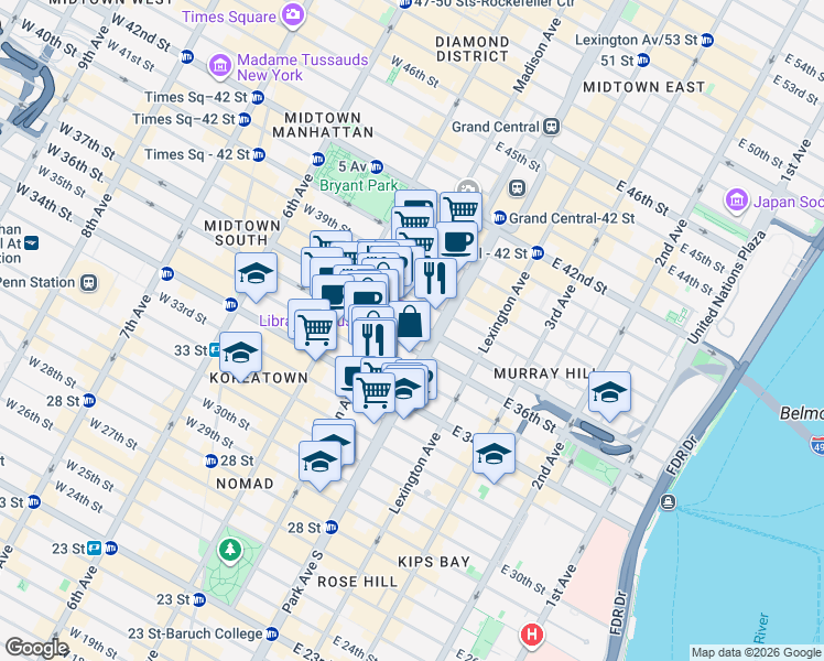 map of restaurants, bars, coffee shops, grocery stores, and more near 30 East 37th Street in New York