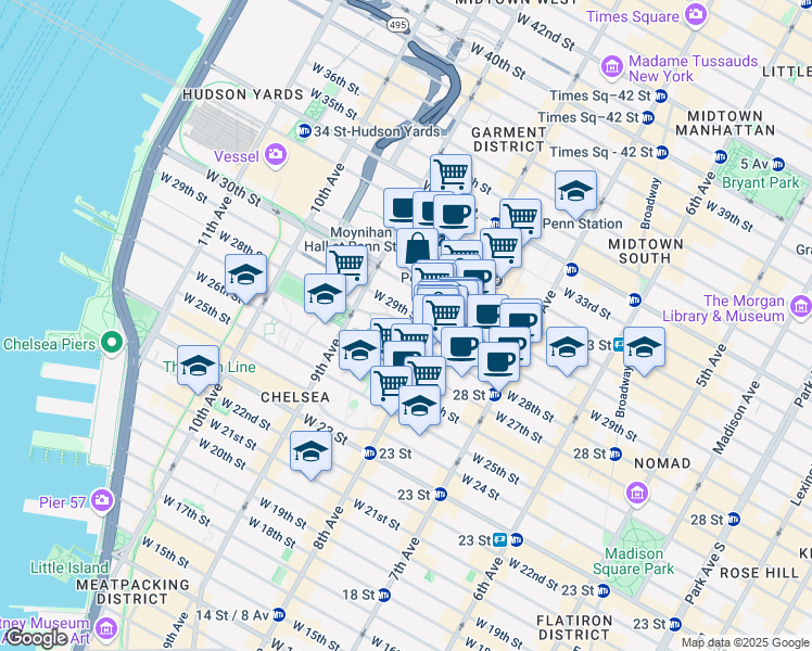 map of restaurants, bars, coffee shops, grocery stores, and more near West 28th Street in New York
