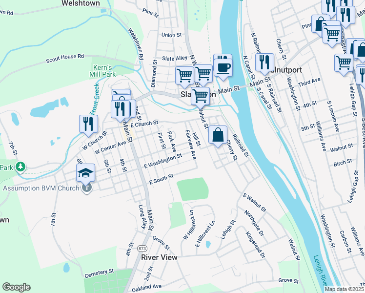 map of restaurants, bars, coffee shops, grocery stores, and more near 420 East Franklin Street in Slatington