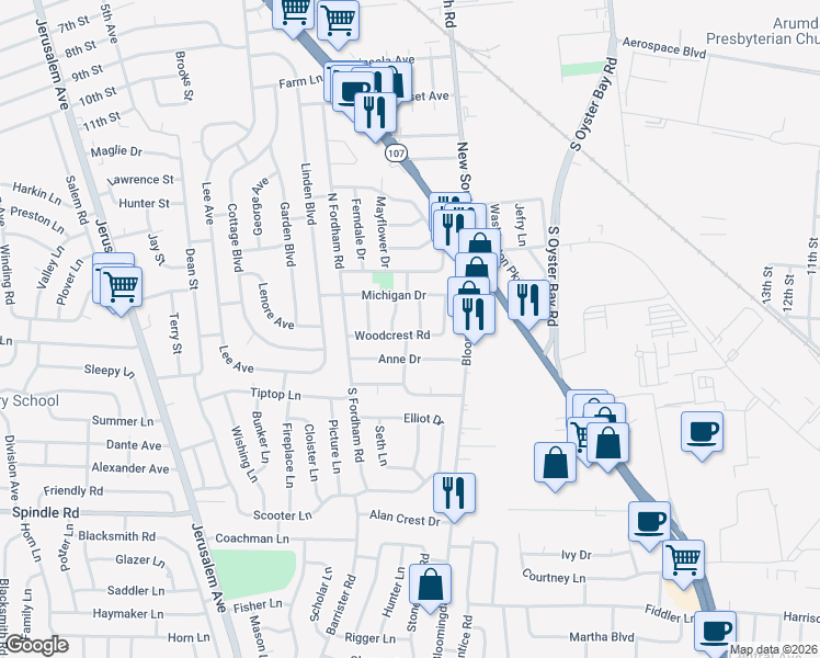 map of restaurants, bars, coffee shops, grocery stores, and more near 25 Woodcrest Road in Hicksville