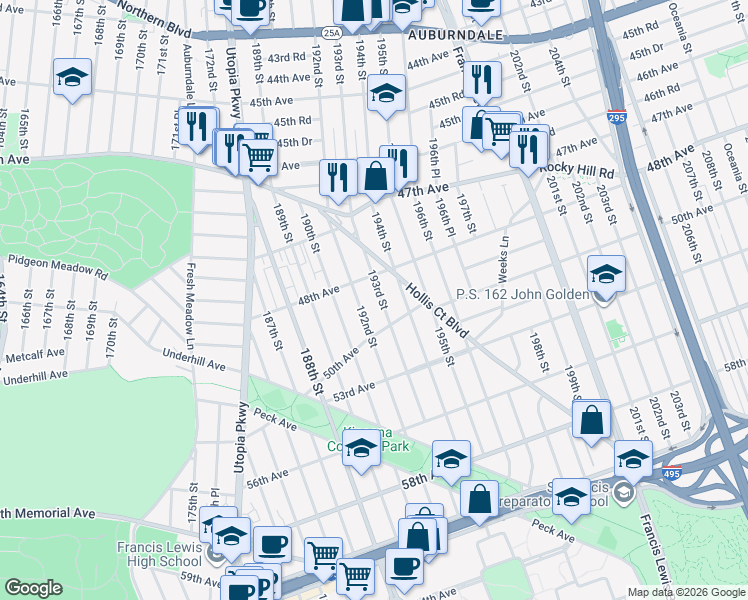 map of restaurants, bars, coffee shops, grocery stores, and more near 48-26 193rd Street in Queens