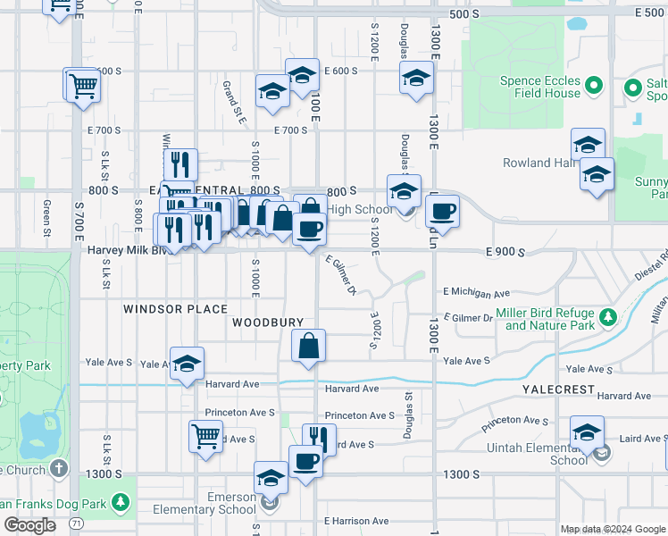 map of restaurants, bars, coffee shops, grocery stores, and more near 1120 East Gilmer Drive in Salt Lake City