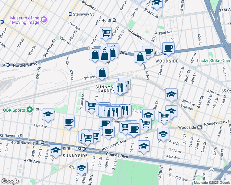 map of restaurants, bars, coffee shops, grocery stores, and more near 49-13 39th Avenue in Queens